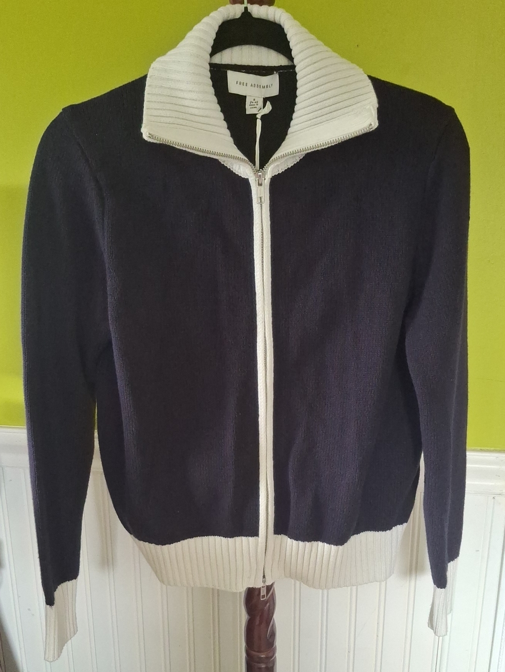 Navy and Cream Zip-Front Women's Sweater